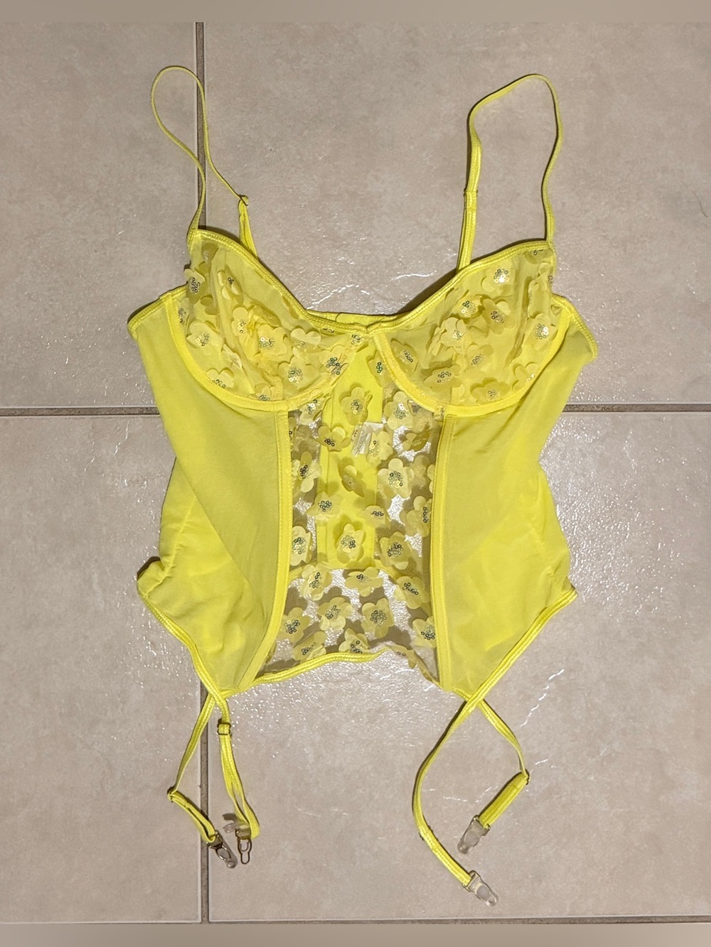 Romwe Women's Large Yellow Sheer Mesh Floral Bustier Top with Garters